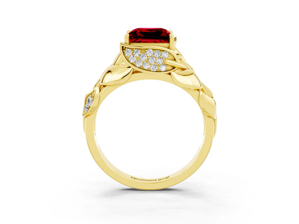 Yellow gold Princess Cut Ruby Leaf-Inspired Engagement Ring with Round Accents and Prong Setting