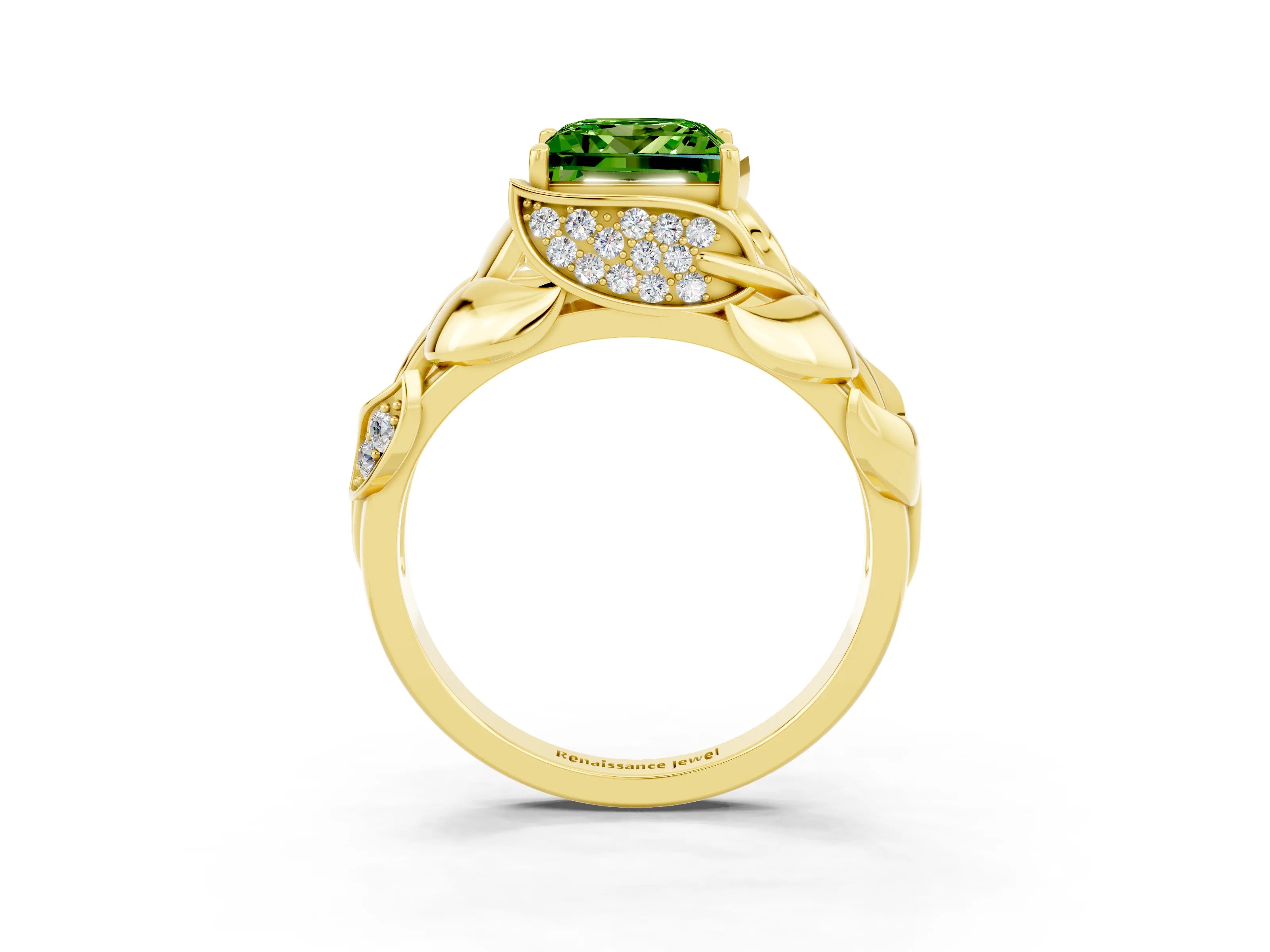 Yellow gold Princess Cut Solitaire Leaf-Inspired Engagement Ring with Prong Setting_3