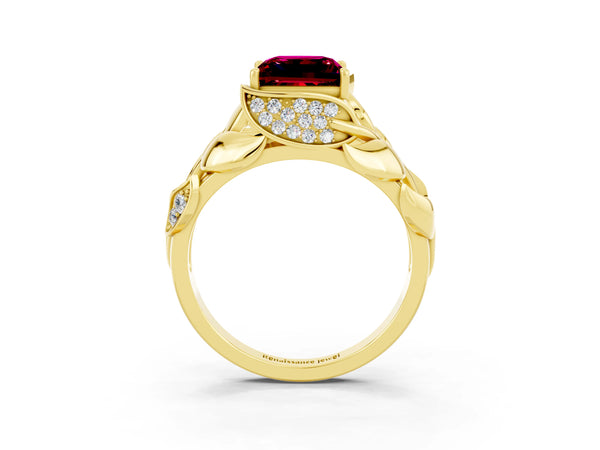 Yellow gold Princess Cut Garnet Leaf-Inspired Engagement Ring with Round Accents and Prong Setting