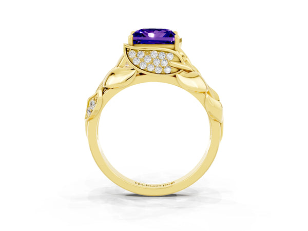Yellow gold Princess Cut Tanzanite Leaf-Inspired Engagement Ring with Round Accents and Prong Setting