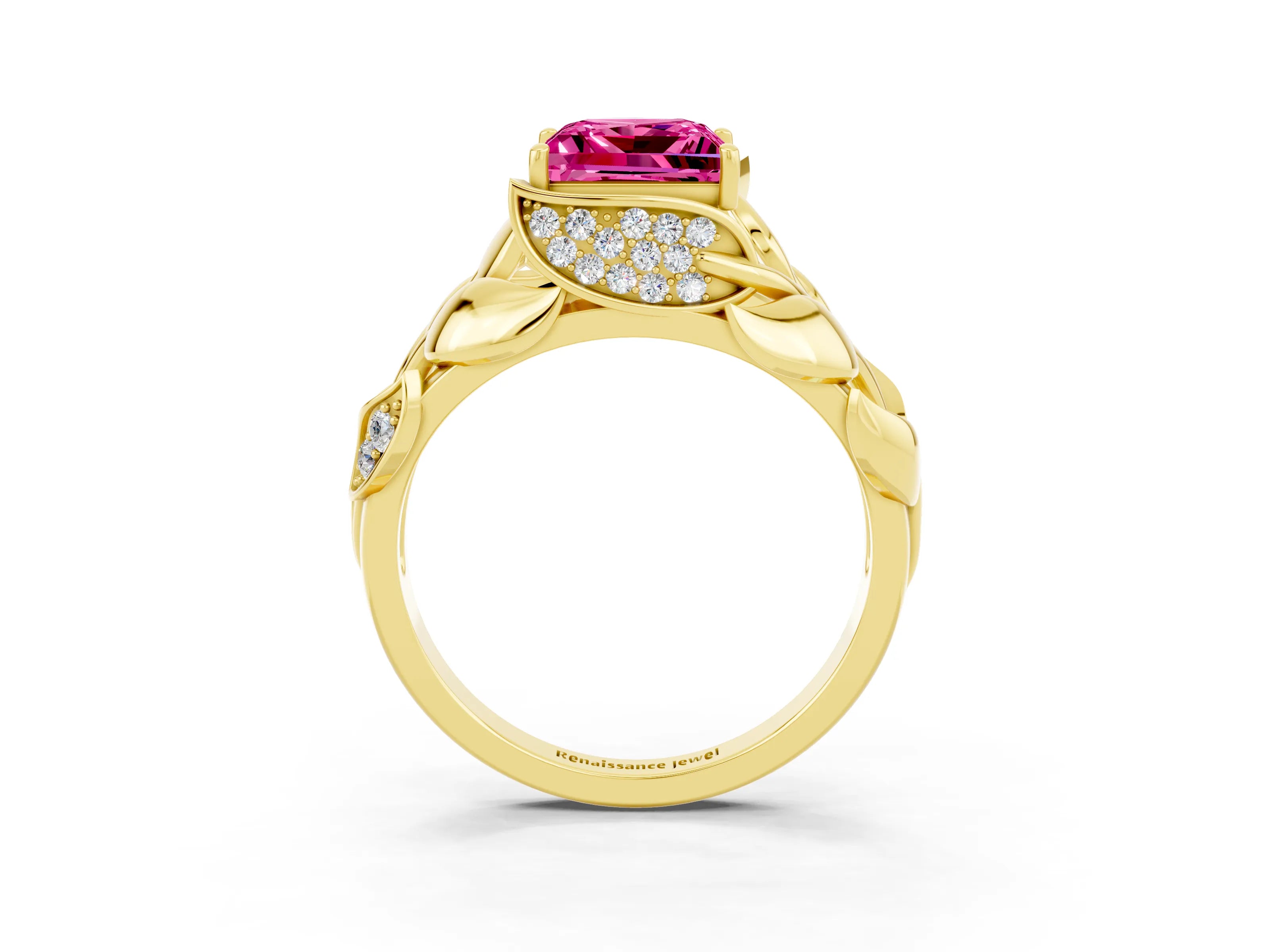 Yellow gold Princess Cut Solitaire Leaf-Inspired Engagement Ring with Prong Setting_3