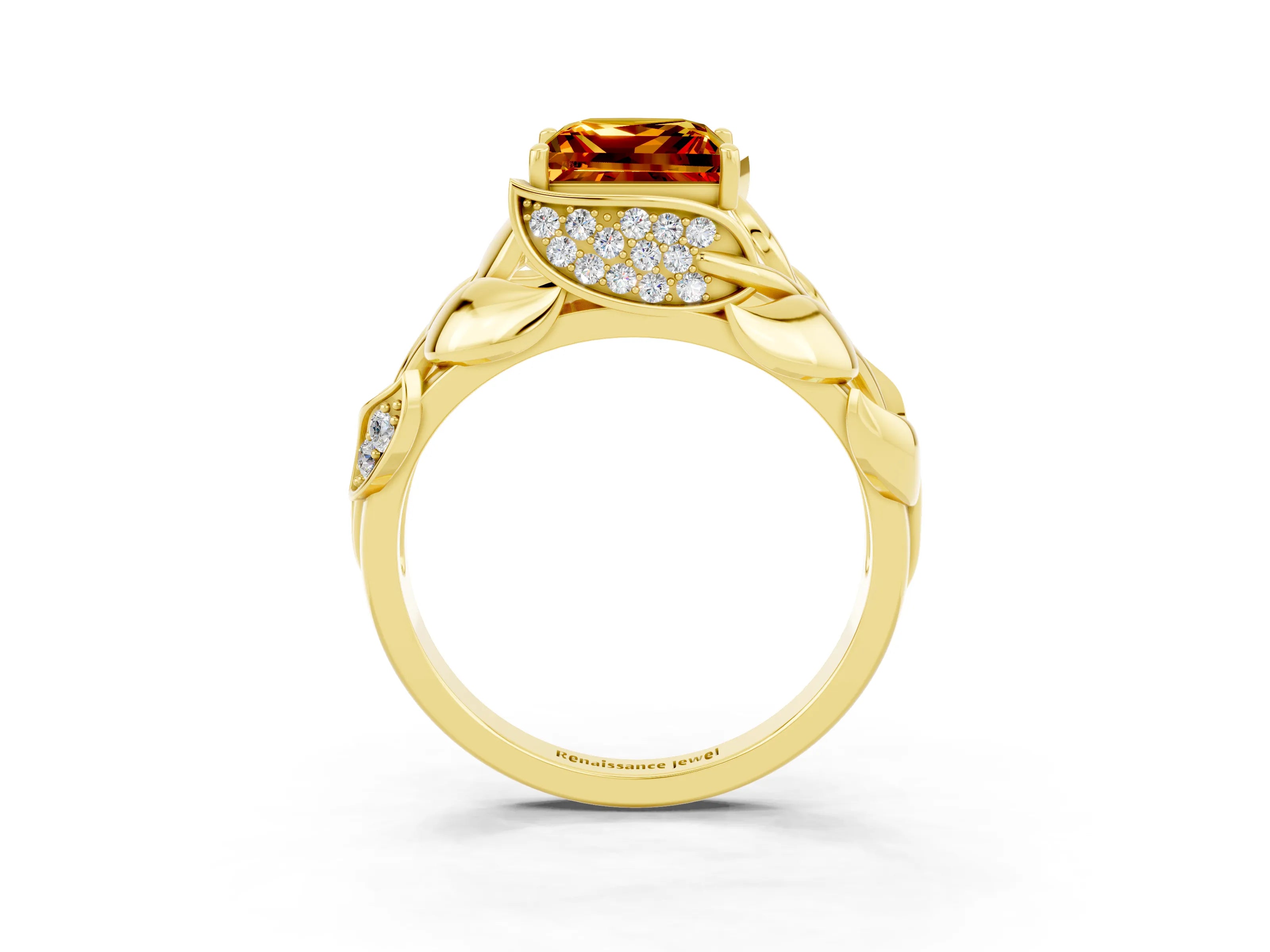 Yellow gold Princess Cut Solitaire Leaf-Inspired Engagement Ring with Prong Setting_3