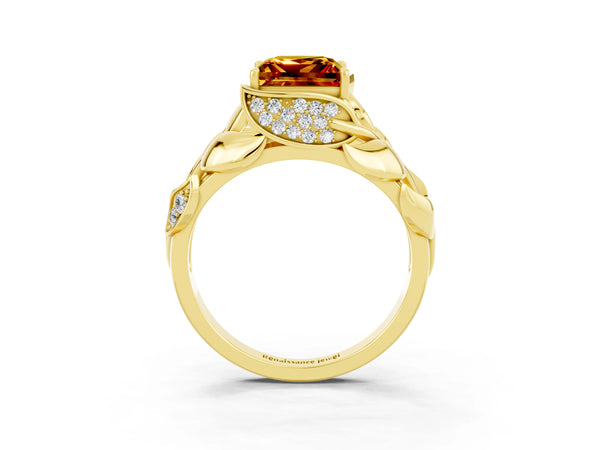 Yellow gold Princess Cut Citrine Leaf-Inspired Engagement Ring with Round Accents and Prong Setting