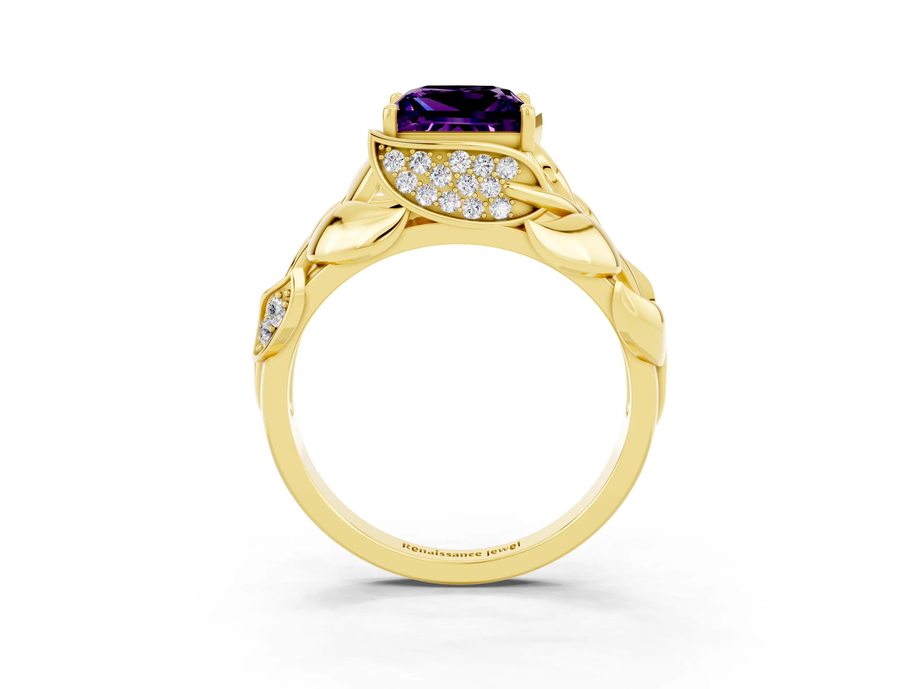 Yellow gold Princess Cut Solitaire Leaf-Inspired Engagement Ring with Prong Setting_3