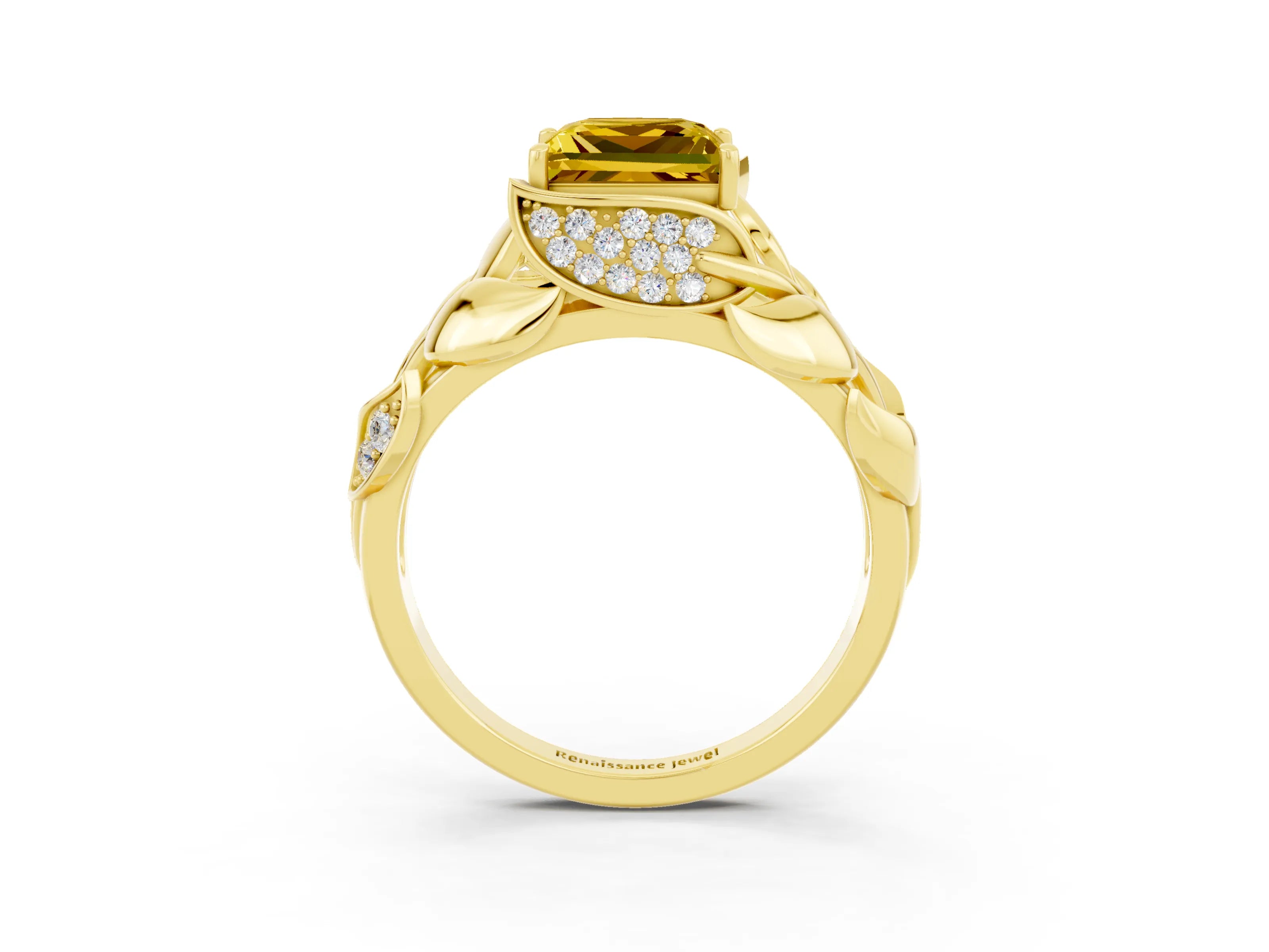 Yellow gold Princess Cut Solitaire Leaf-Inspired Engagement Ring with Prong Setting_3
