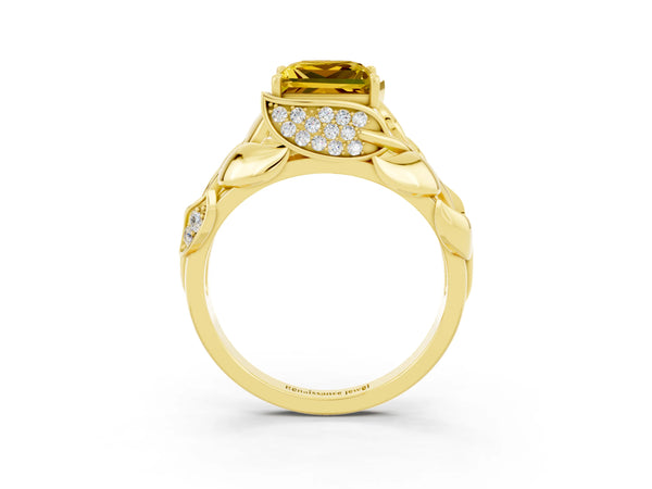Yellow gold Princess Cut Yellow Sapphire Leaf-Inspired Engagement Ring with Round Accents and Prong Setting
