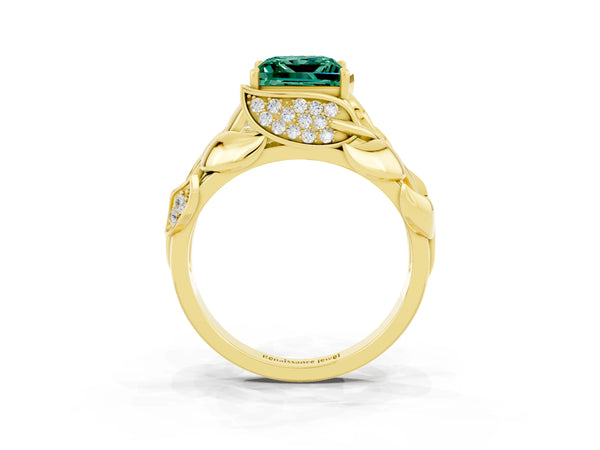 Yellow gold Princess Cut Green Sapphire Leaf-Inspired Engagement Ring with Round Accents and Prong Setting