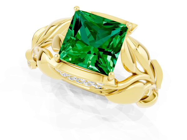 Yellow gold Princess Cut Emerald Leaf-Inspired Engagement Ring with Round Accents and Prong Setting