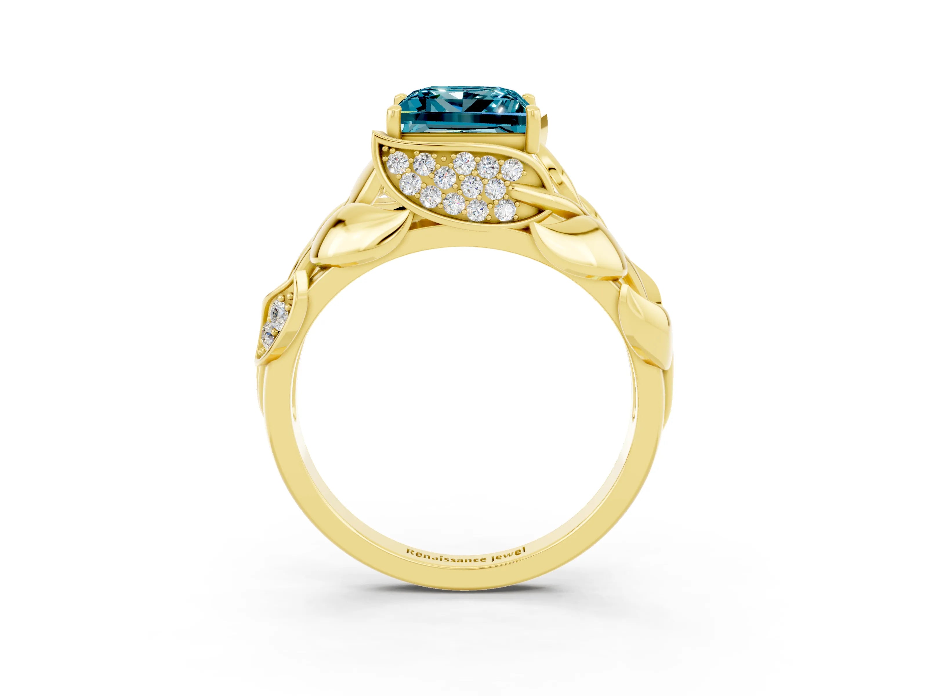 Yellow gold Princess Cut Solitaire Leaf-Inspired Engagement Ring with Prong Setting_3