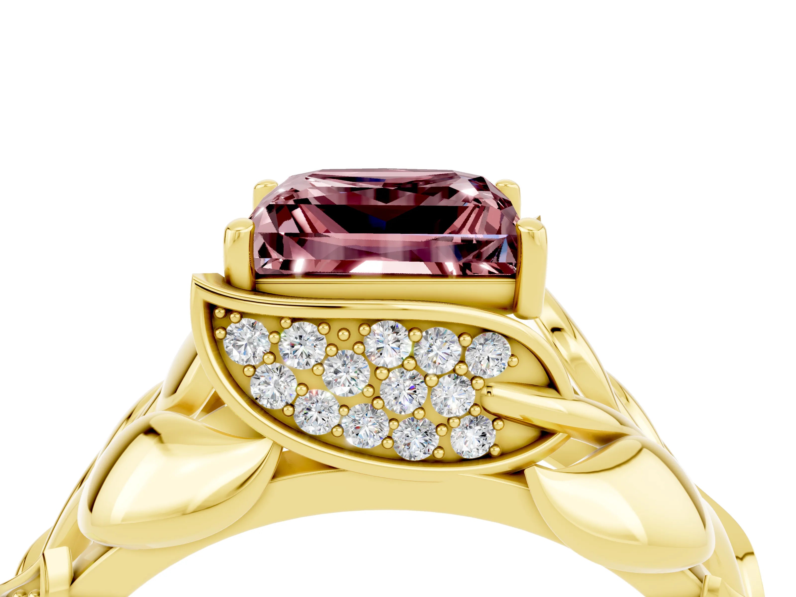 Yellow gold Princess Cut Solitaire Leaf-Inspired Engagement Ring with Prong Setting_4