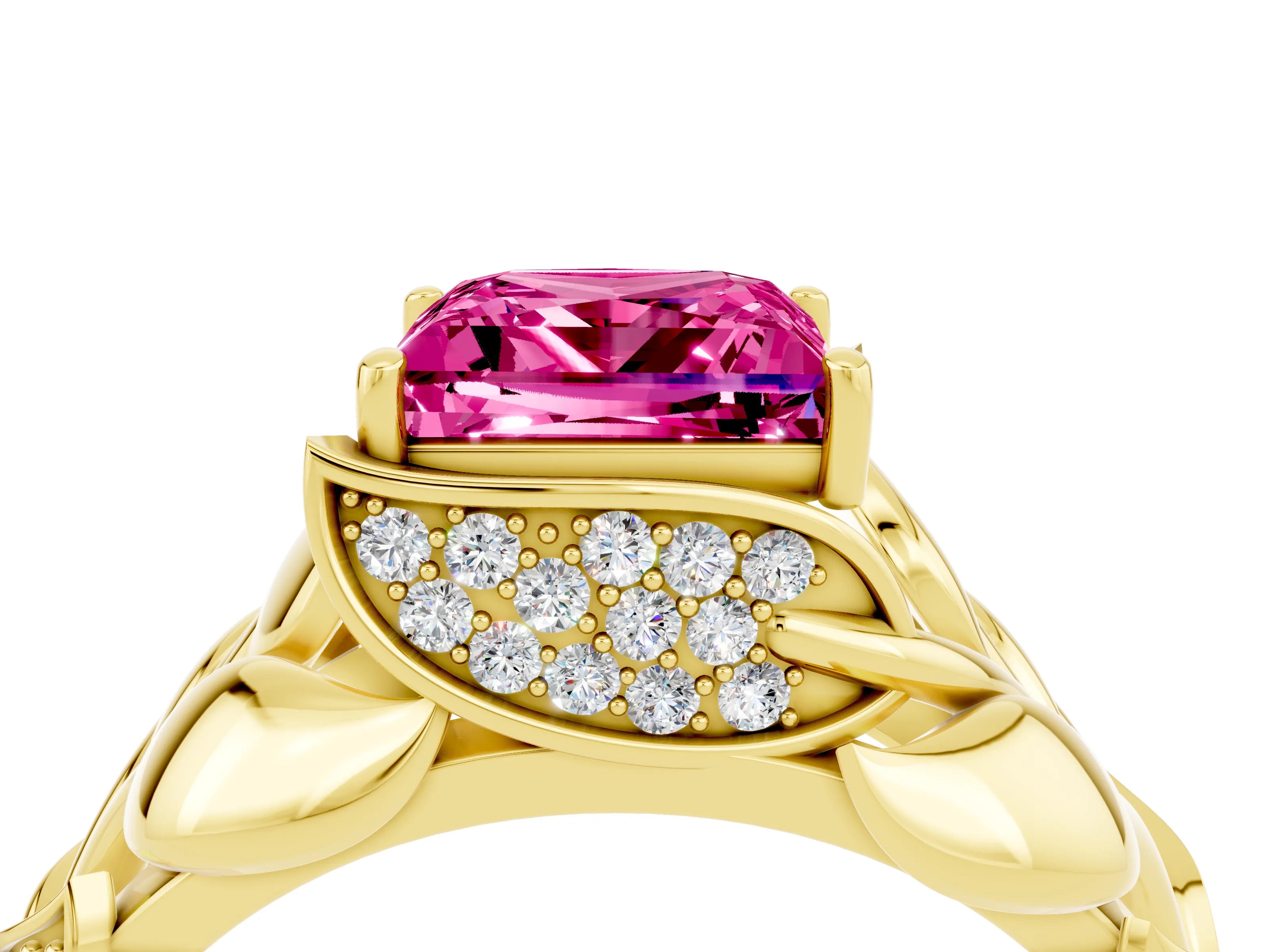 Yellow gold Princess Cut Solitaire Leaf-Inspired Engagement Ring with Prong Setting_4