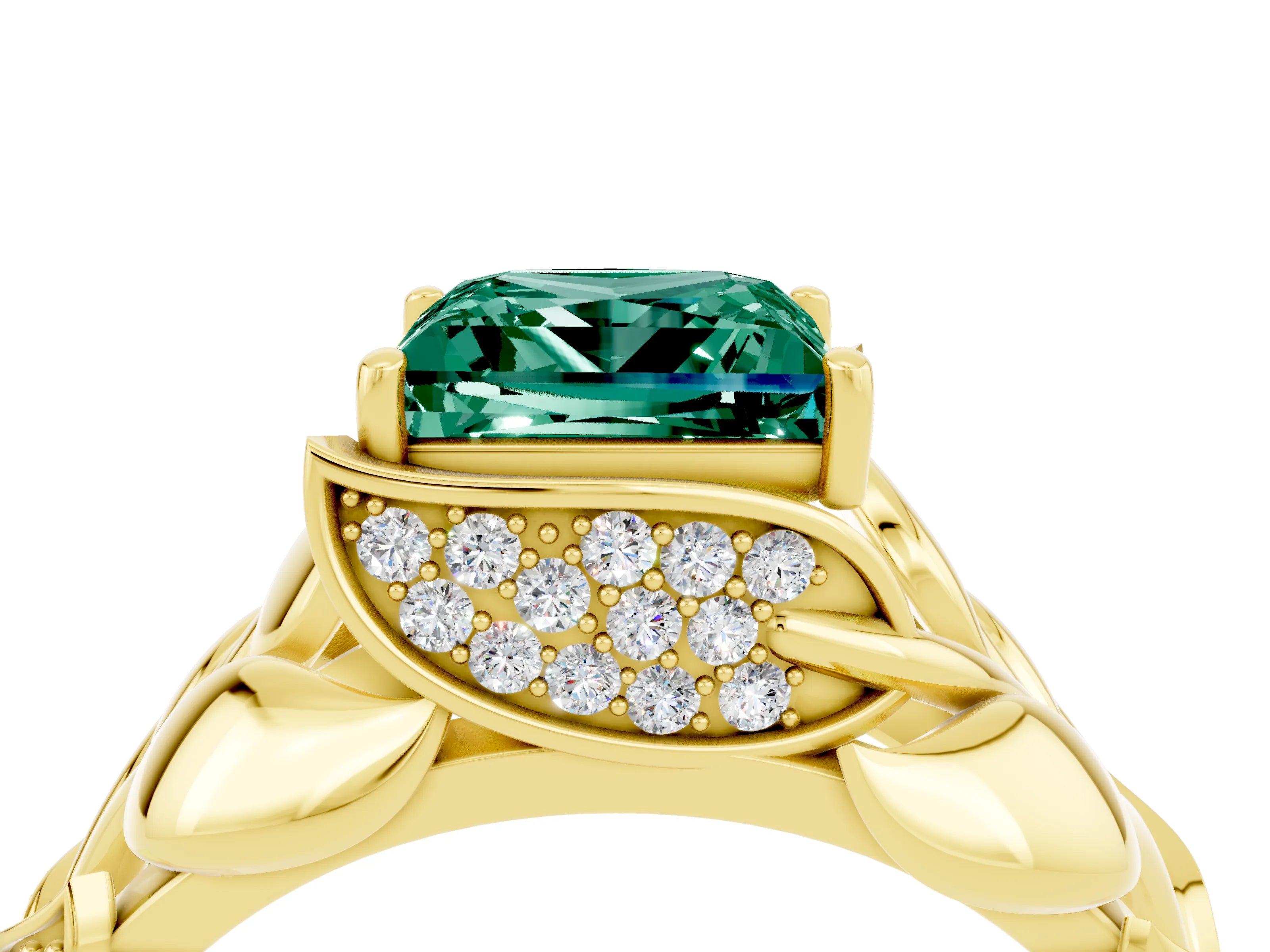 Yellow gold Princess Cut Solitaire Leaf-Inspired Engagement Ring with Prong Setting_4