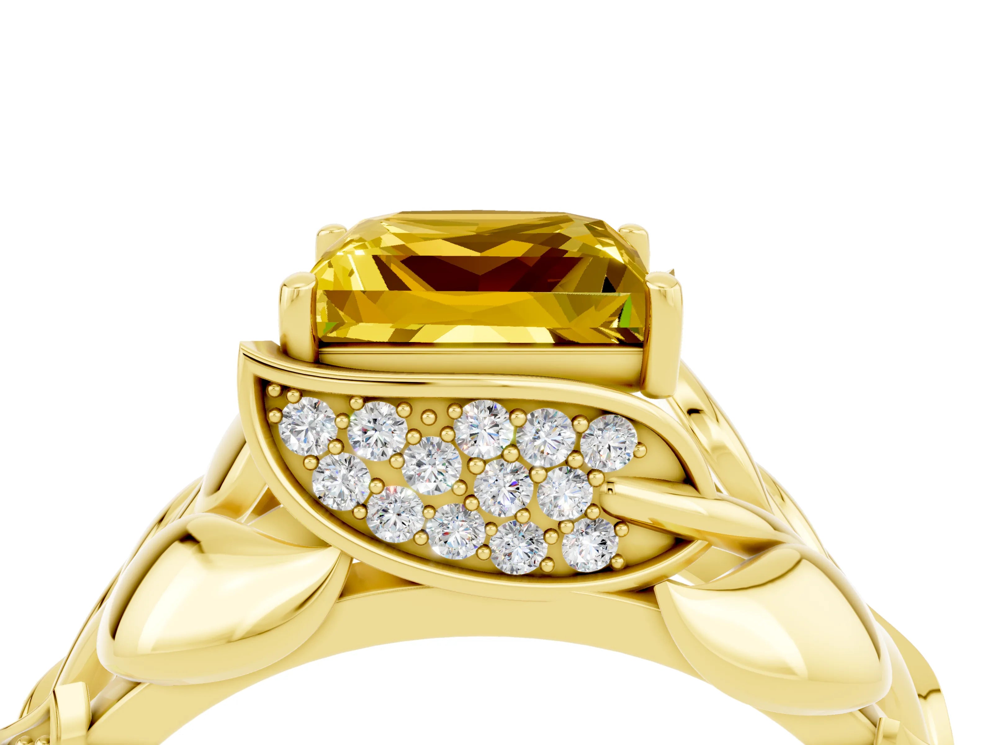 Yellow gold Princess Cut Solitaire Leaf-Inspired Engagement Ring with Prong Setting_4
