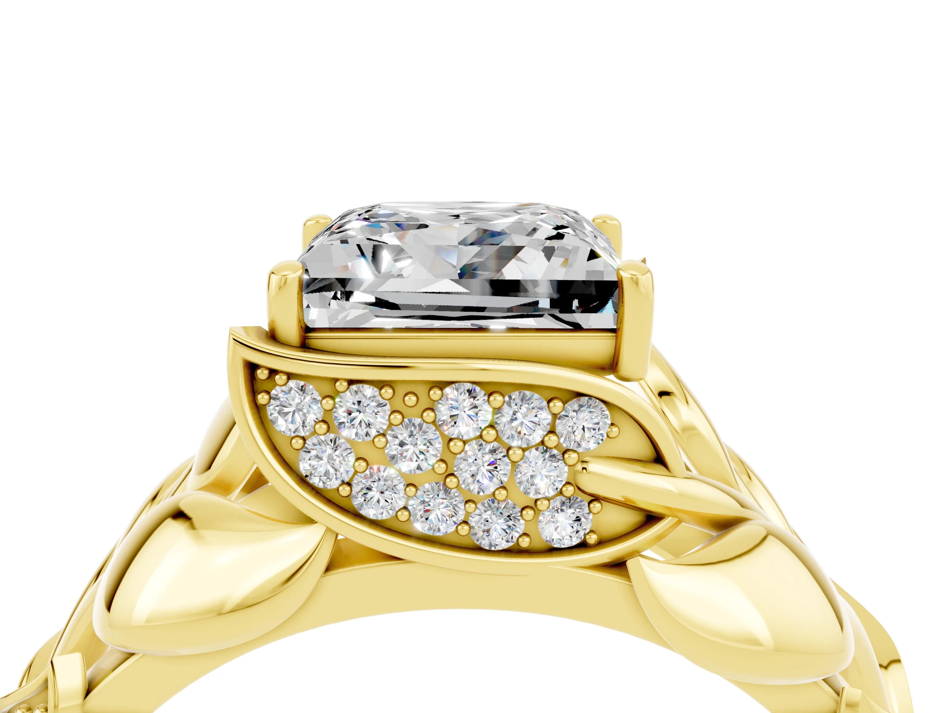 Yellow gold Princess Cut Solitaire Leaf-Inspired Engagement Ring with Prong Setting_4