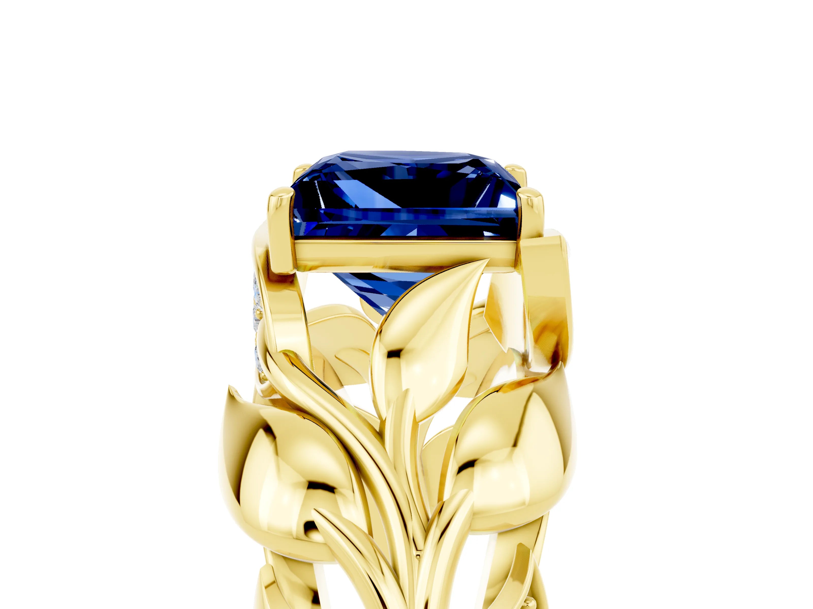 Yellow gold Princess Cut Solitaire Leaf-Inspired Engagement Ring with Prong Setting_5
