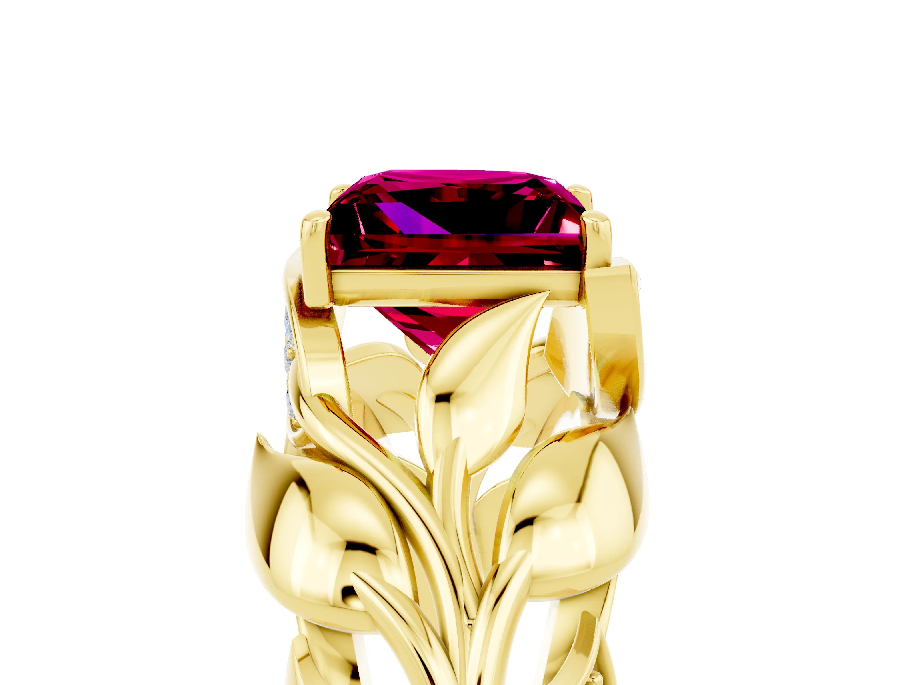 Yellow gold Princess Cut Solitaire Leaf-Inspired Engagement Ring with Prong Setting_5