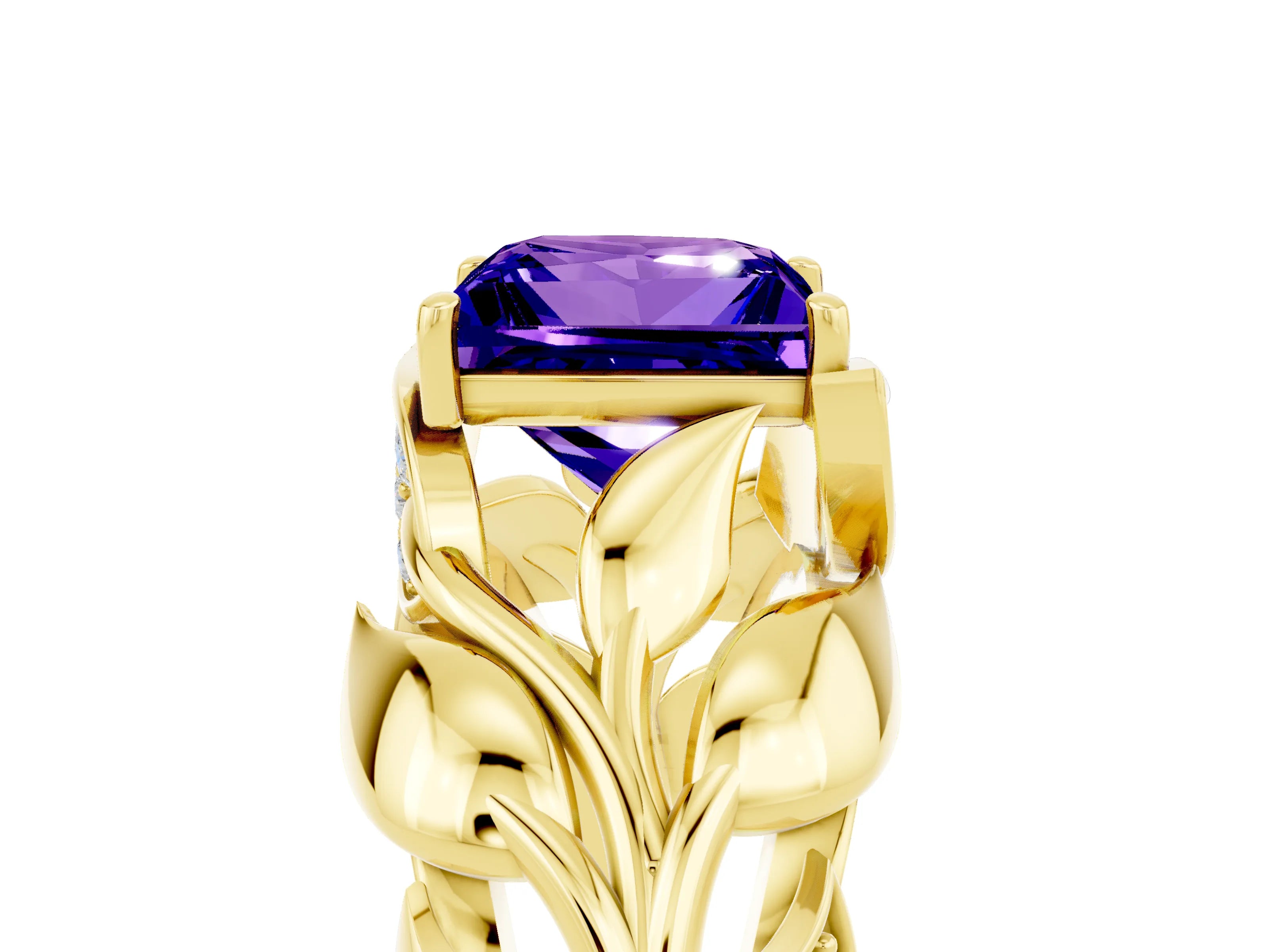 Yellow gold Princess Cut Solitaire Leaf-Inspired Engagement Ring with Prong Setting_5