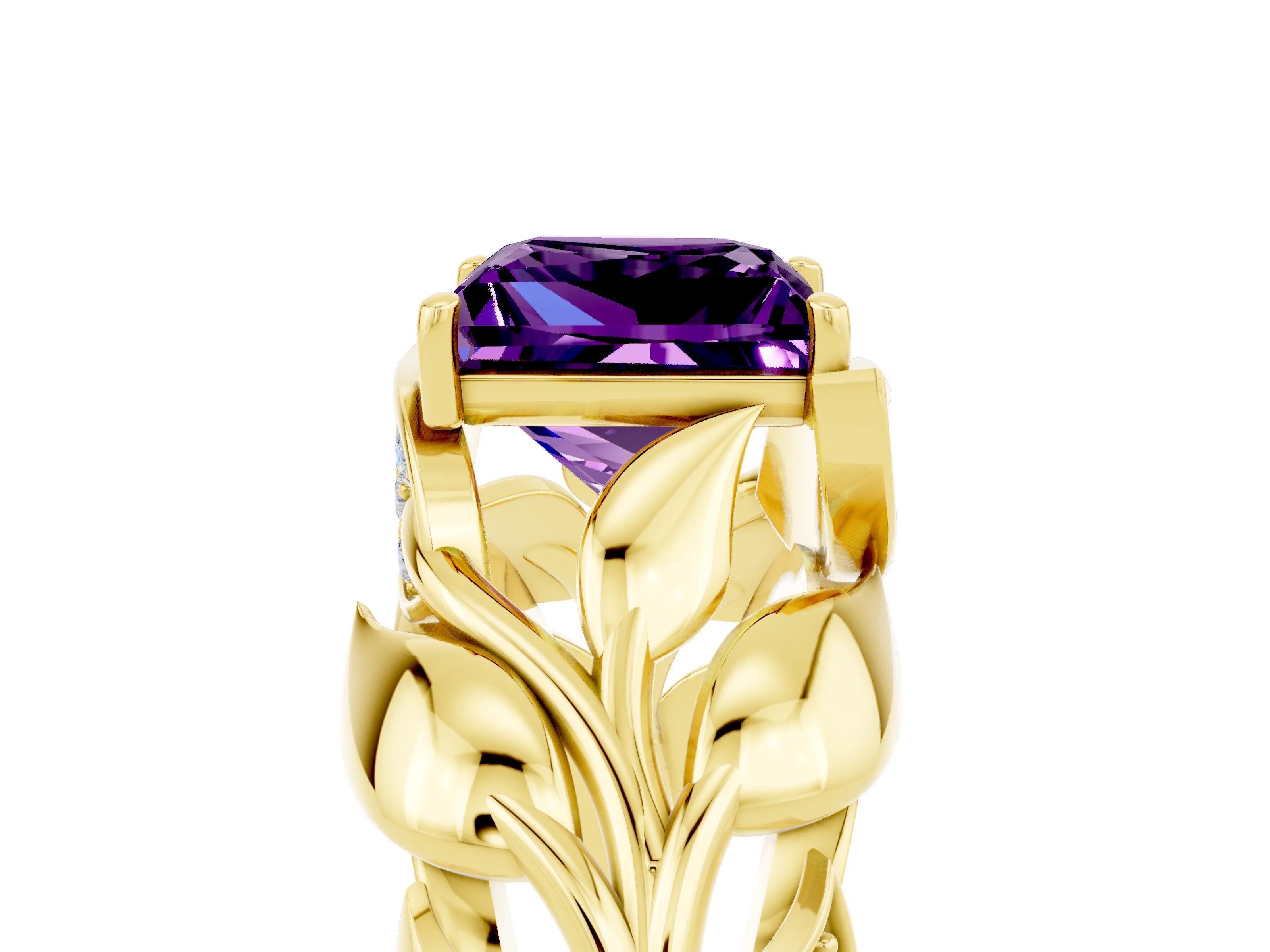 Yellow gold Princess Cut Solitaire Leaf-Inspired Engagement Ring with Prong Setting_5