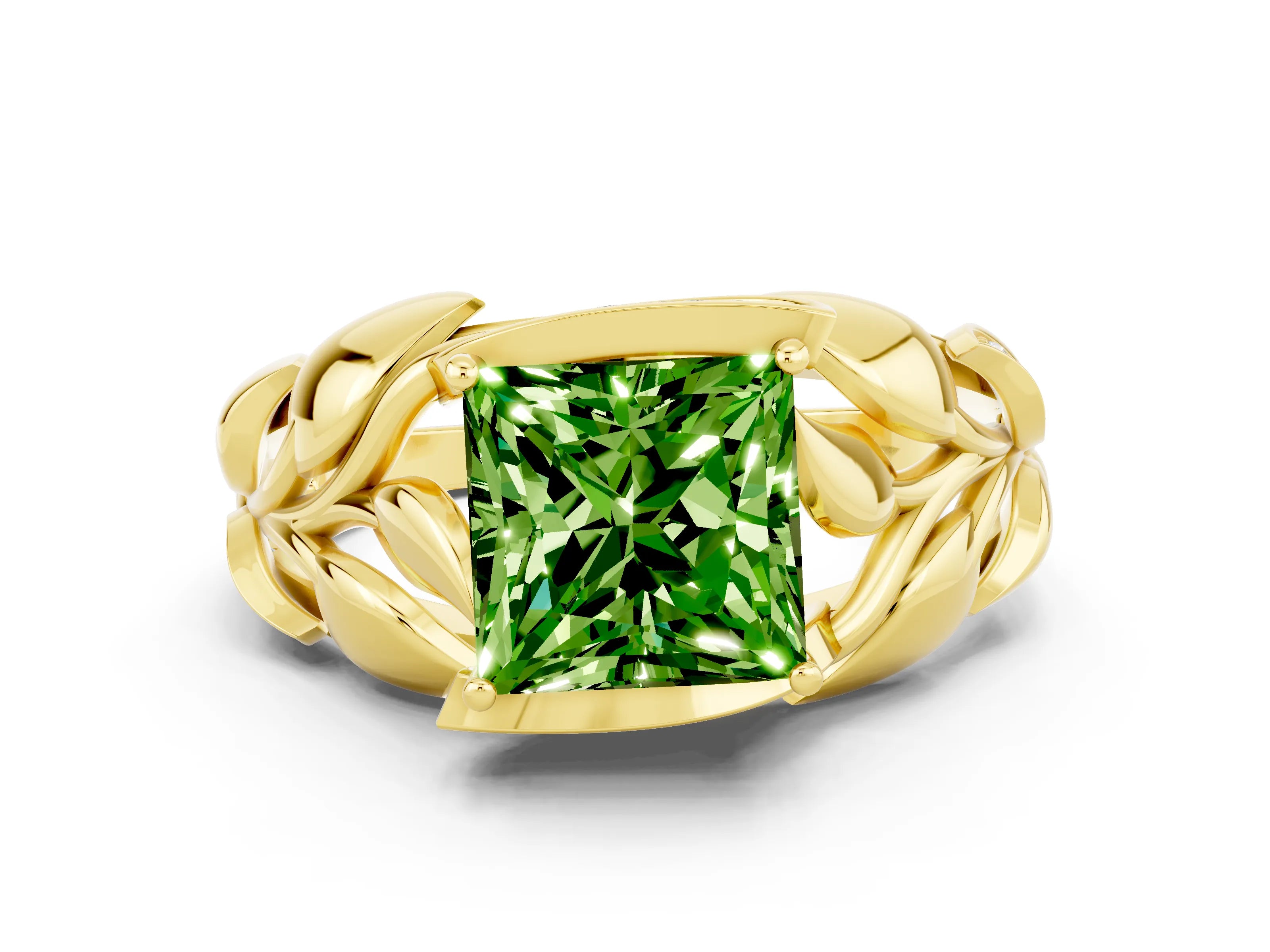 Yellow gold Princess Cut Solitaire Leaf-Inspired Engagement Ring with Prong Setting