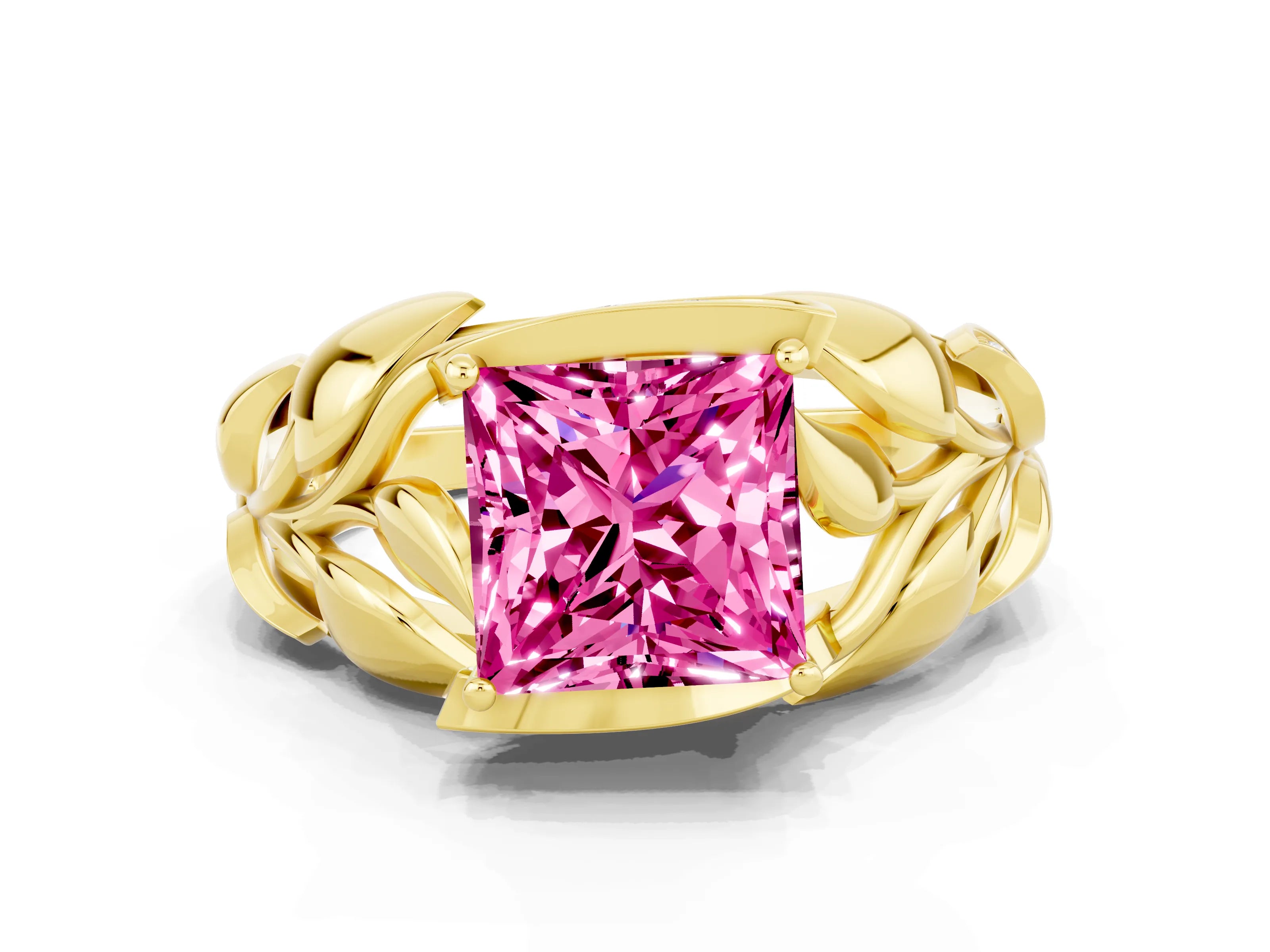 Yellow gold Princess Cut Solitaire Leaf-Inspired Engagement Ring with Prong Setting