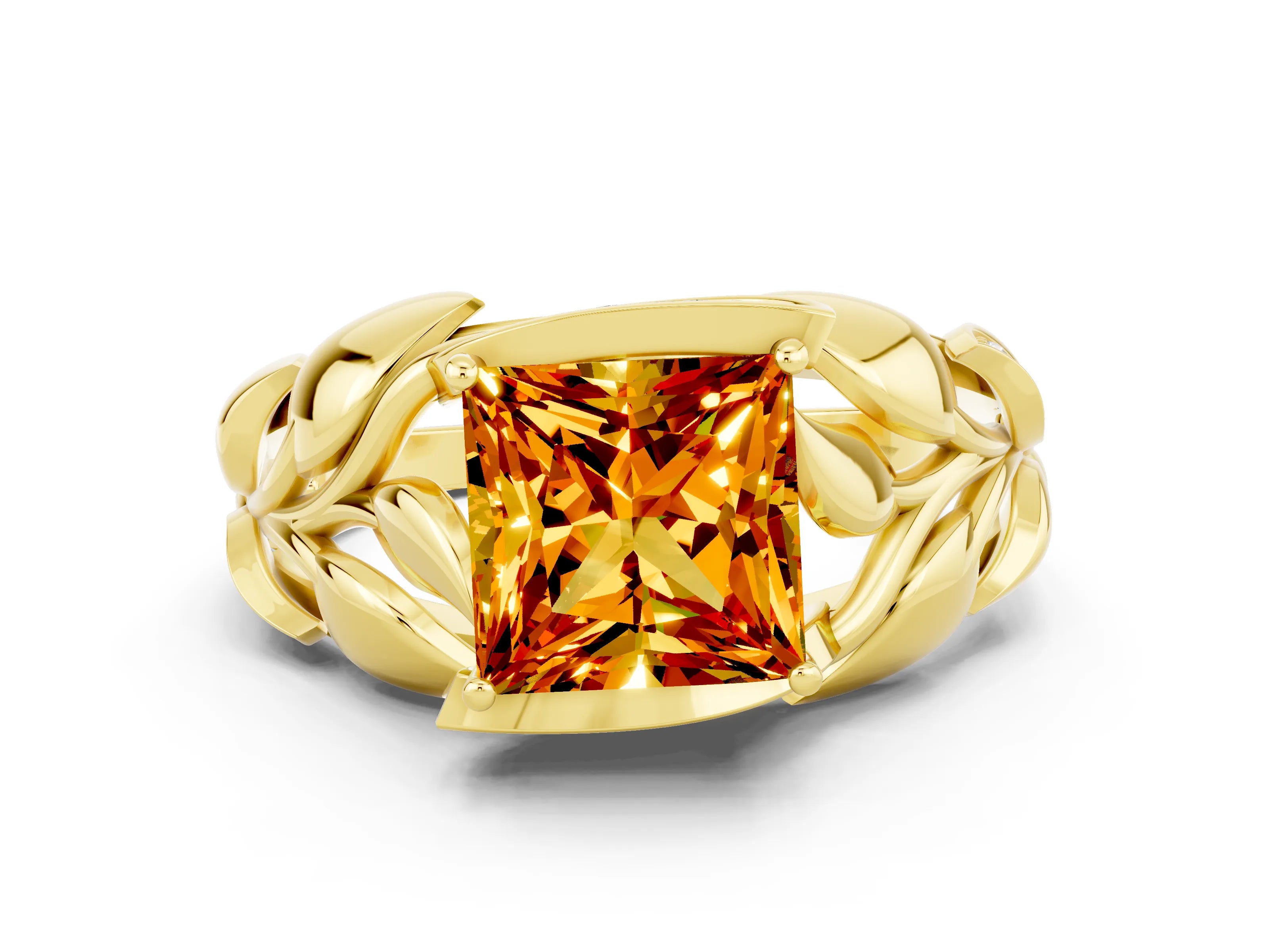 Yellow gold Princess Cut Solitaire Leaf-Inspired Engagement Ring with Prong Setting