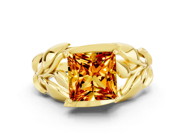 Yellow gold Princess Cut Citrine Leaf-Inspired Engagement Ring with Round Accents and Prong Setting