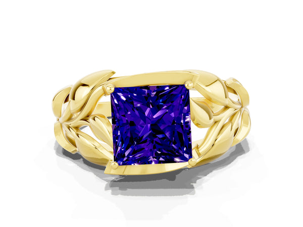 Yellow gold Princess Cut Tanzanite Leaf-Inspired Engagement Ring with Round Accents and Prong Setting