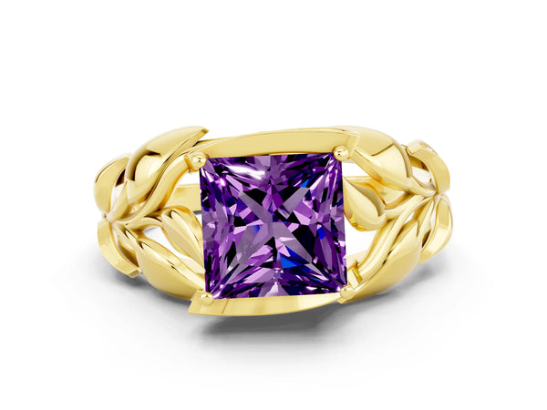 Yellow gold Princess Cut Amethyst Leaf-Inspired Engagement Ring with Round Accents and Prong Setting