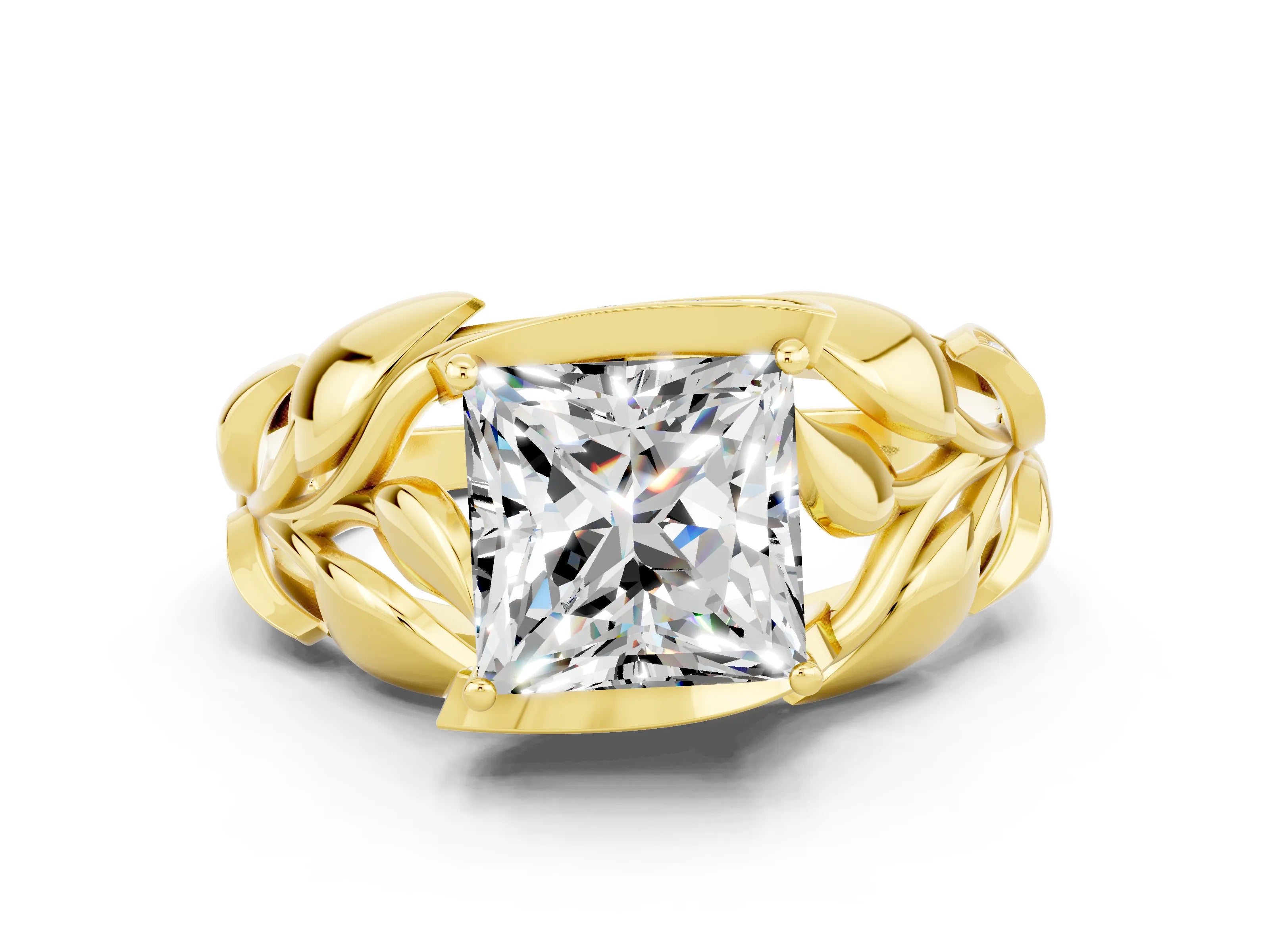 Yellow gold Princess Cut Solitaire Leaf-Inspired Engagement Ring with Prong Setting
