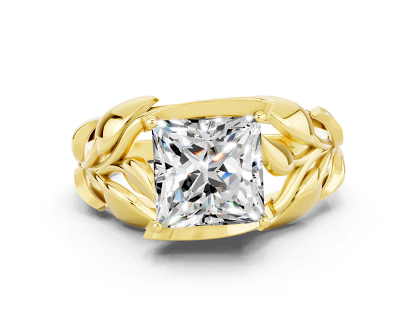 Yellow gold Princess Cut Moissanite Leaf-Inspired Engagement Ring with Round Accents and Prong Setting