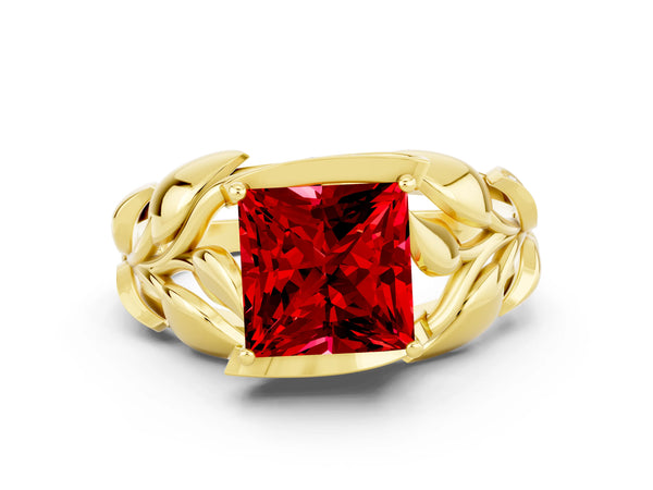 Yellow gold Princess Cut Ruby Leaf-Inspired Engagement Ring with Round Accents and Prong Setting