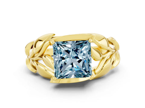 Yellow gold Princess Cut Solitaire Leaf-Inspired Engagement Ring with Prong Setting