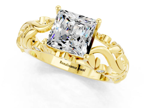 Yellow gold Princess Cut Solitaire Moissanite Leaf-Inspired Vine Band Ring with Prong Setting_1