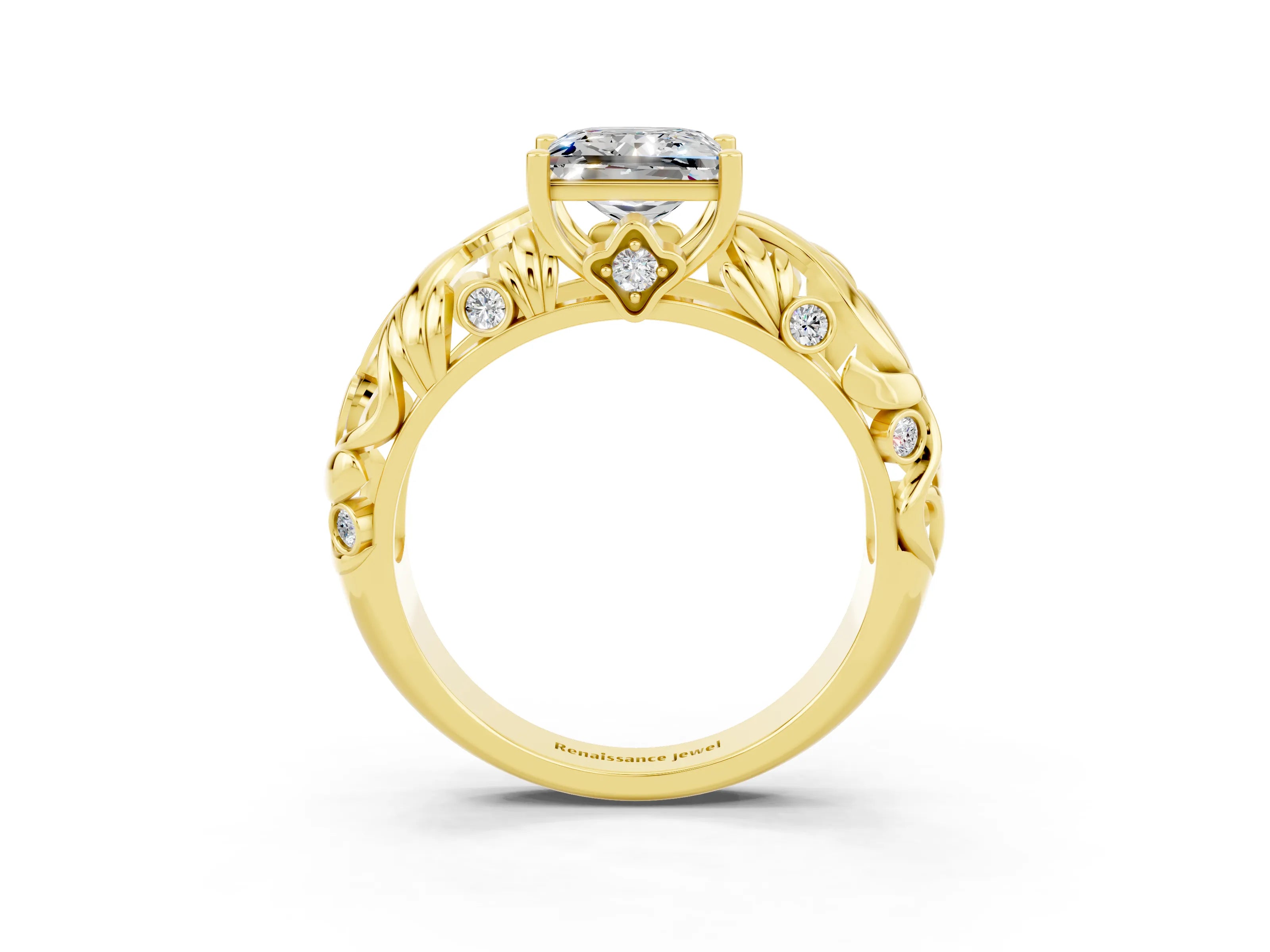 Yellow gold Princess Cut Solitaire Moissanite Leaf-Inspired Vine Band Ring with Prong Setting_3