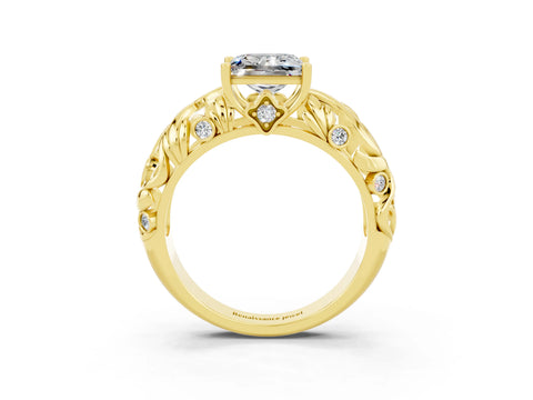 Yellow gold Princess Cut Solitaire Moissanite Leaf-Inspired Vine Band Ring with Prong Setting_3
