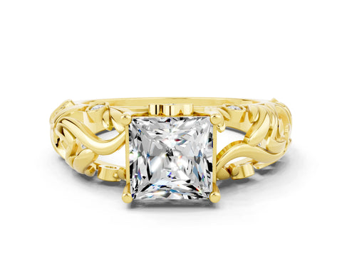 Yellow gold Princess Cut Solitaire Moissanite Leaf-Inspired Vine Band Ring with Prong Setting
