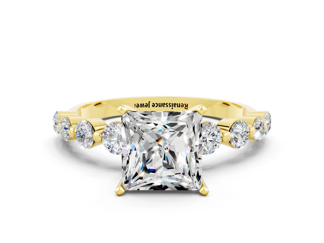 Yellow gold Princess Cut Solitaire Moissanite Ring with Pave Band and Four-Prong Setting