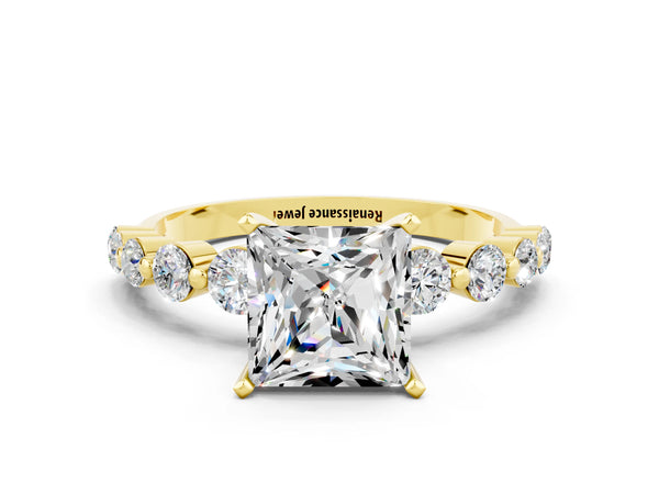 Yellow gold Princess Cut Solitaire Moissanite Ring with Pave Band and Four-Prong Setting