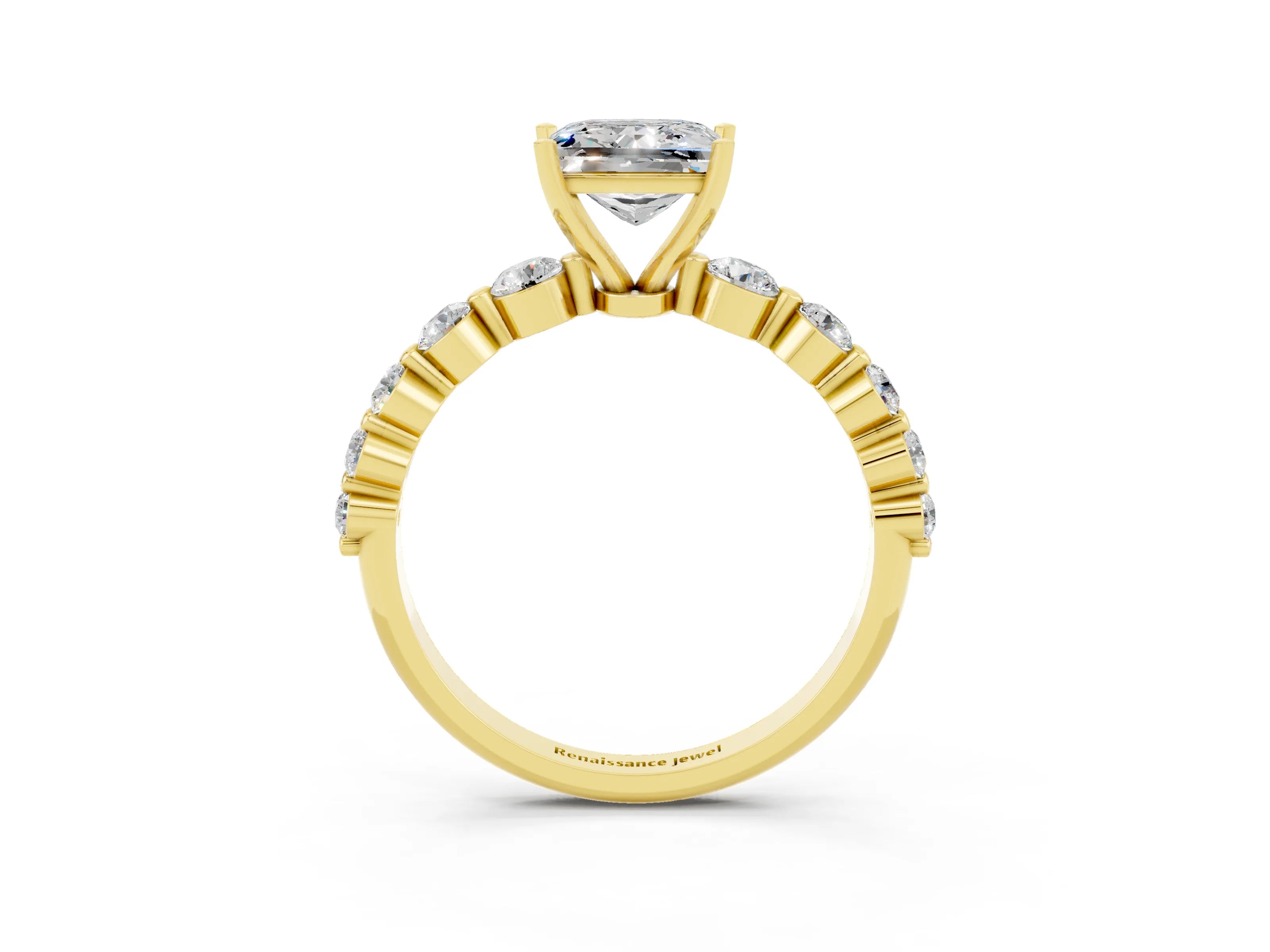 Yellow gold Princess Cut Solitaire Moissanite Ring with Pave Band and Four-Prong Setting_3