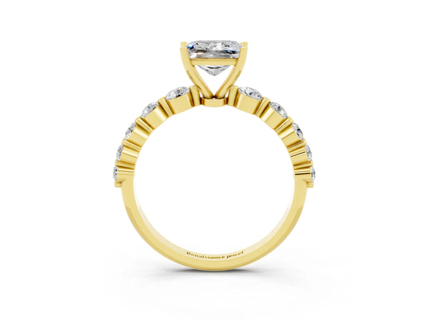 Yellow gold Princess Cut Solitaire Moissanite Ring with Pave Band and Four-Prong Setting