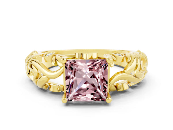 Yellow gold Princess Cut Solitaire Morganite Leaf-Inspired Vine Band Ring with Prong Setting