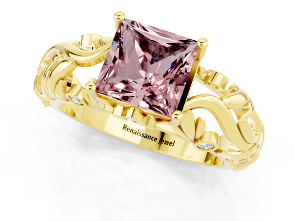 Yellow gold Princess Cut Solitaire Morganite Leaf-Inspired Vine Band Ring with Prong Setting