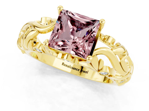Yellow gold Princess Cut Solitaire Morganite Leaf-Inspired Vine Band Ring with Prong Setting_1