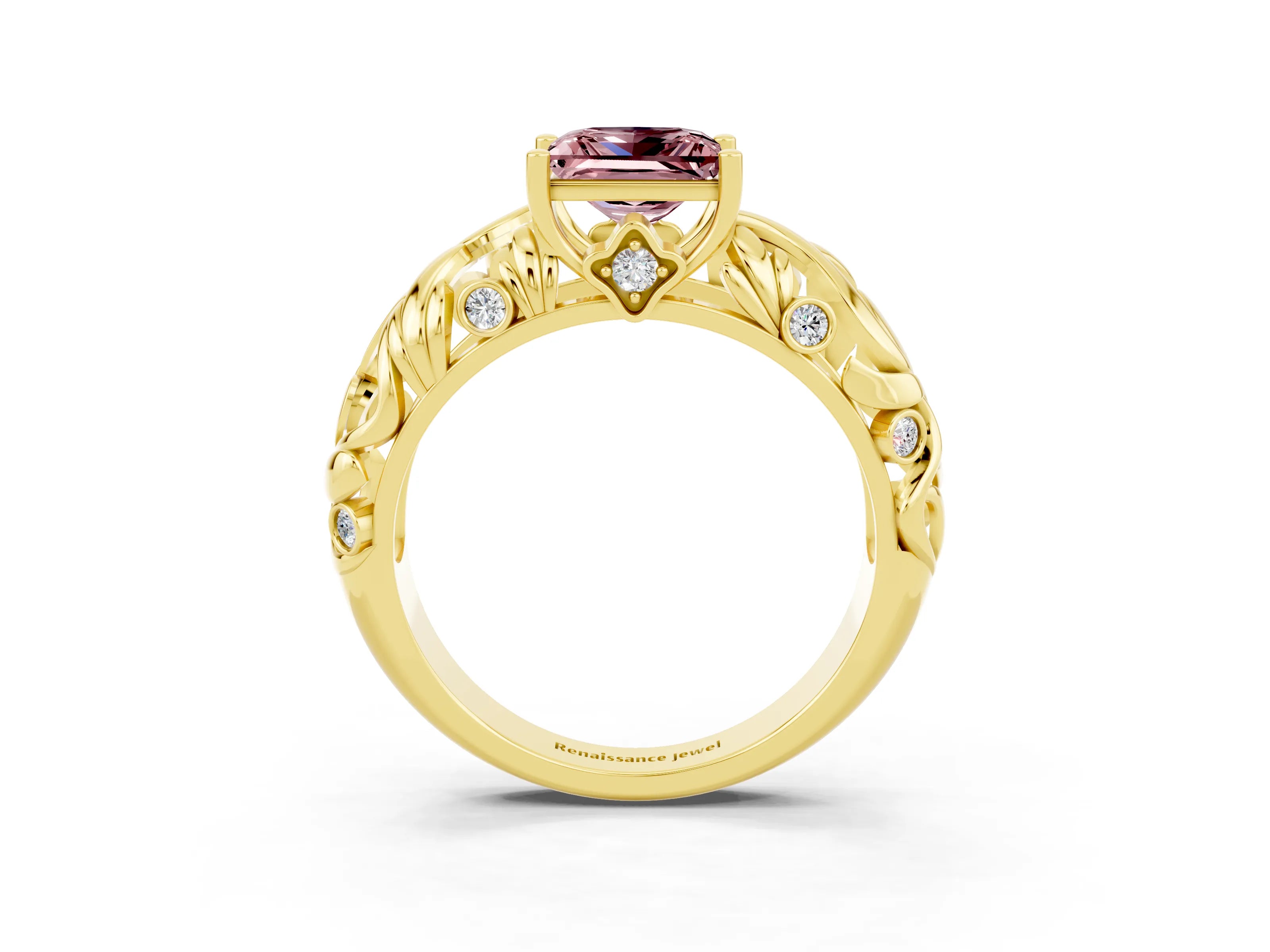 Yellow gold Princess Cut Solitaire Morganite Leaf-Inspired Vine Band Ring with Prong Setting_3