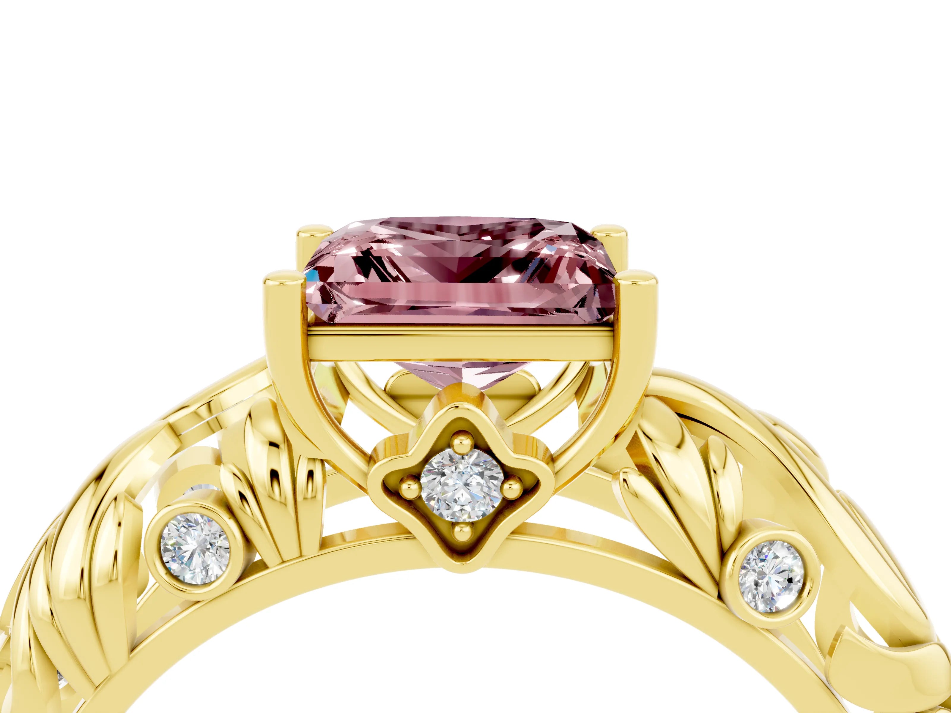 Yellow gold Princess Cut Solitaire Morganite Leaf-Inspired Vine Band Ring with Prong Setting_4