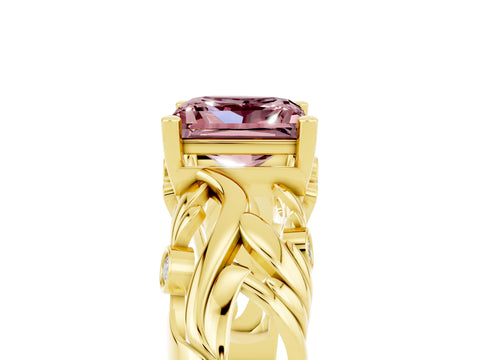 Yellow gold Princess Cut Solitaire Morganite Leaf-Inspired Vine Band Ring with Prong Setting_5