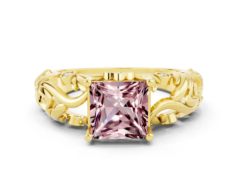 Yellow gold Princess Cut Solitaire Morganite Leaf-Inspired Vine Band Ring with Prong Setting