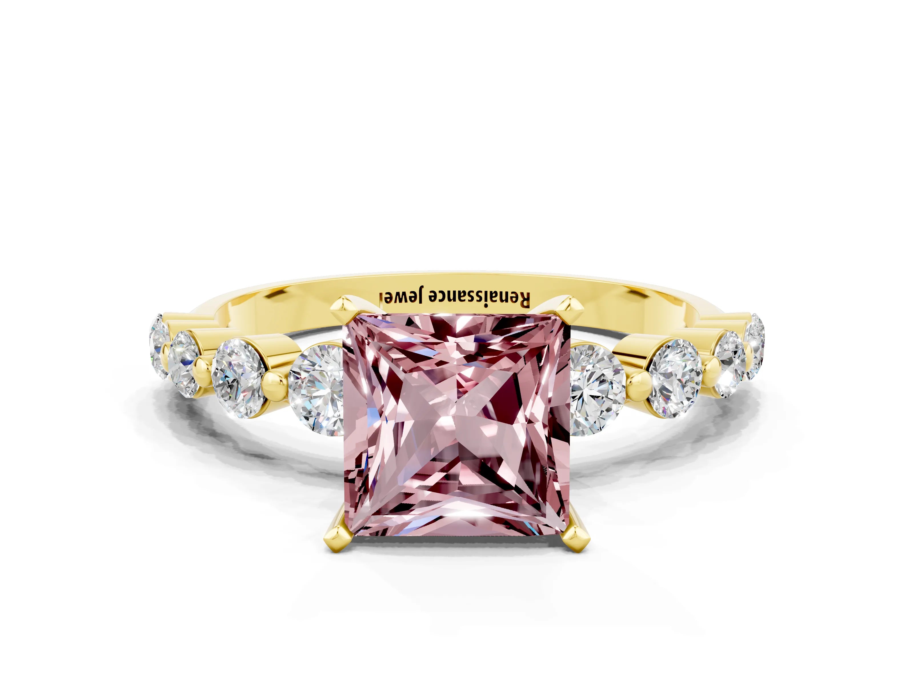 Yellow gold Princess Cut Solitaire Morganite Ring with Pave Band and Four-Prong Setting