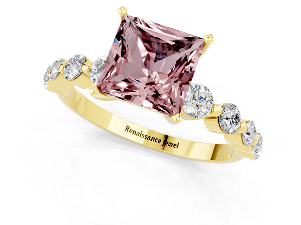 Yellow gold Princess Cut Solitaire Morganite Ring with Pave Band and Four-Prong Setting