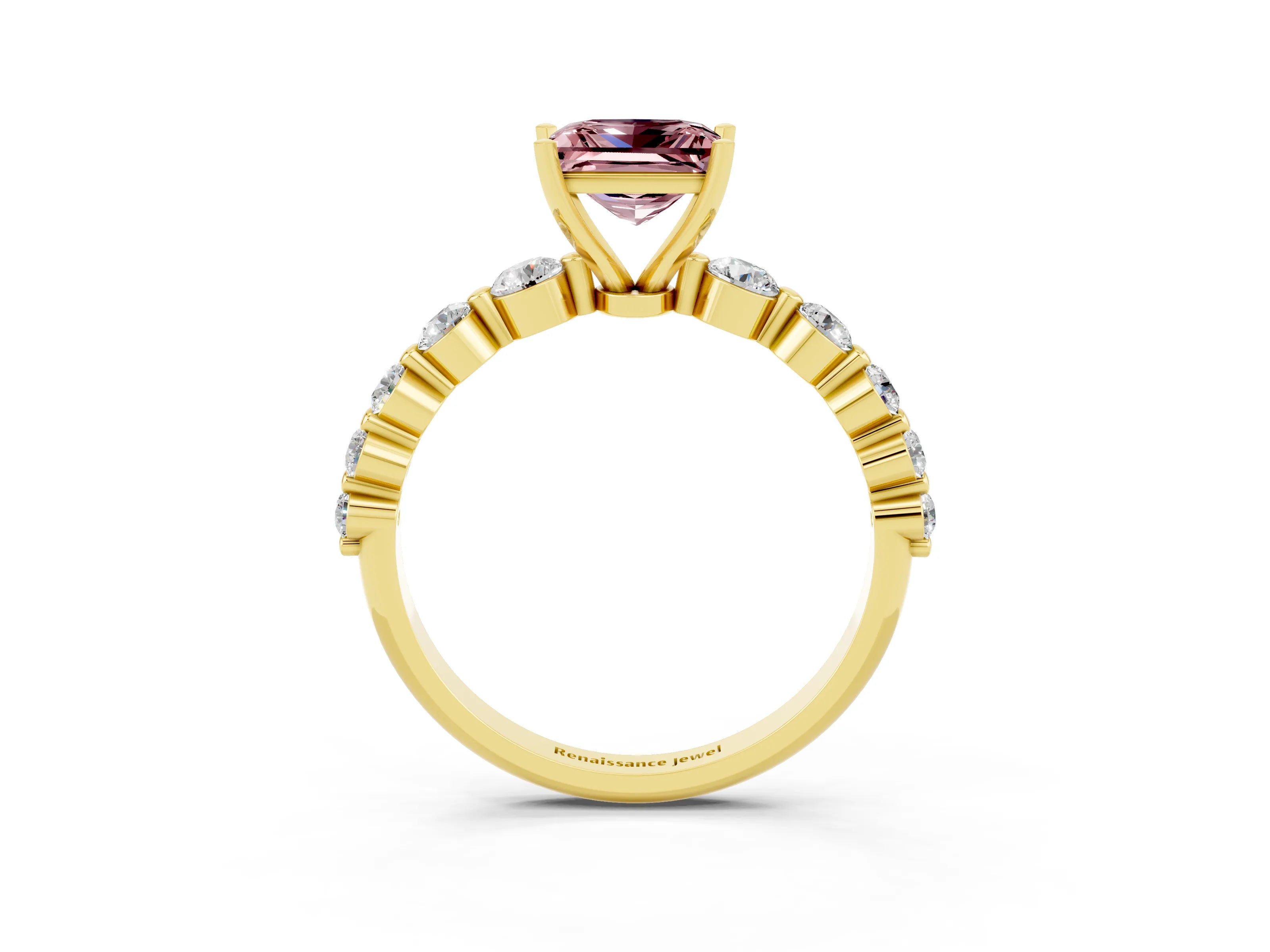 Yellow gold Princess Cut Solitaire Morganite Ring with Pave Band and Four-Prong Setting_3